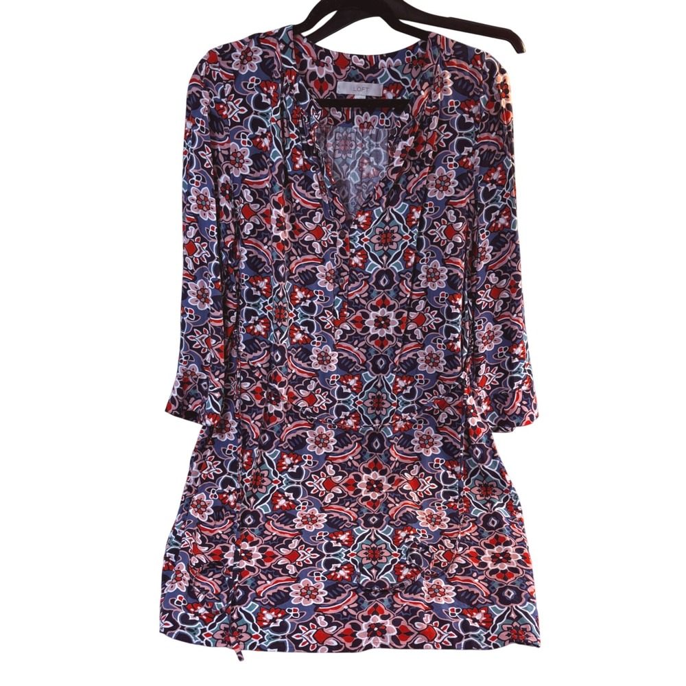 LOFT Womens Large Navy Blue Red Medallion Floral Rayon Shift Tunic Dress L